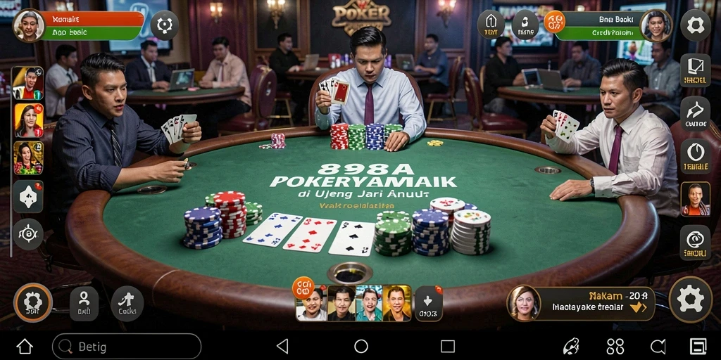 Screenshot menunjukkan gameplay poker yang seru dan kompetitif.