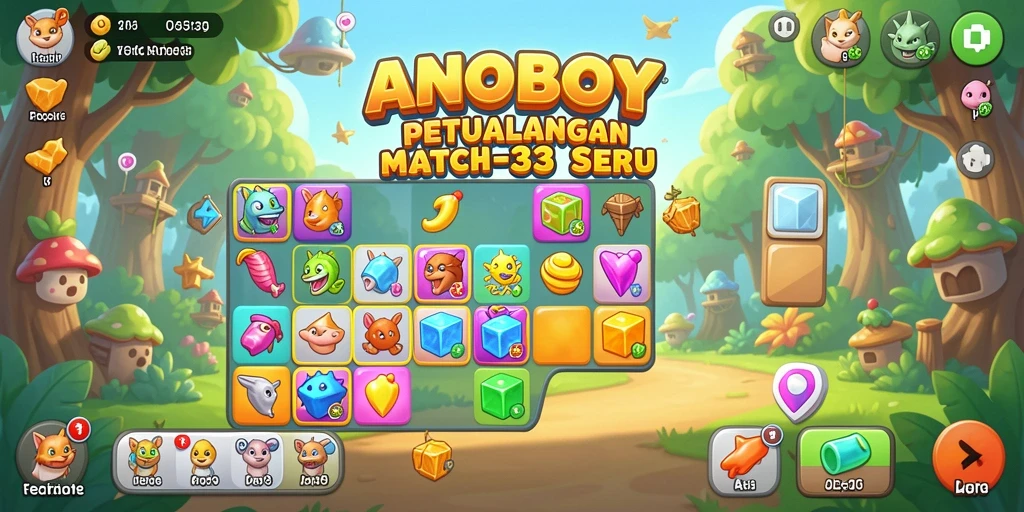 Tampilan gameplay ANOBOY dengan permata berwarna-warni dalam aksi.
