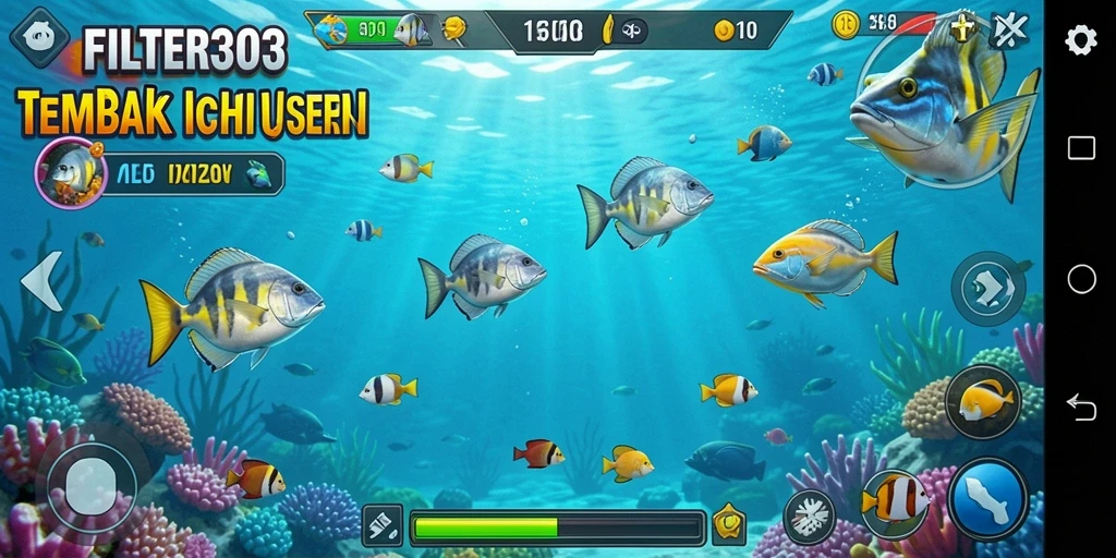 Tampilan gameplay seru dalam FILTER303 saat menembak ikan.