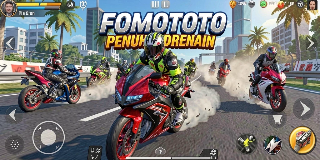 Screenshot gameplay FOMOTOTO menampilkan balapan motor yang seru dan menantang.