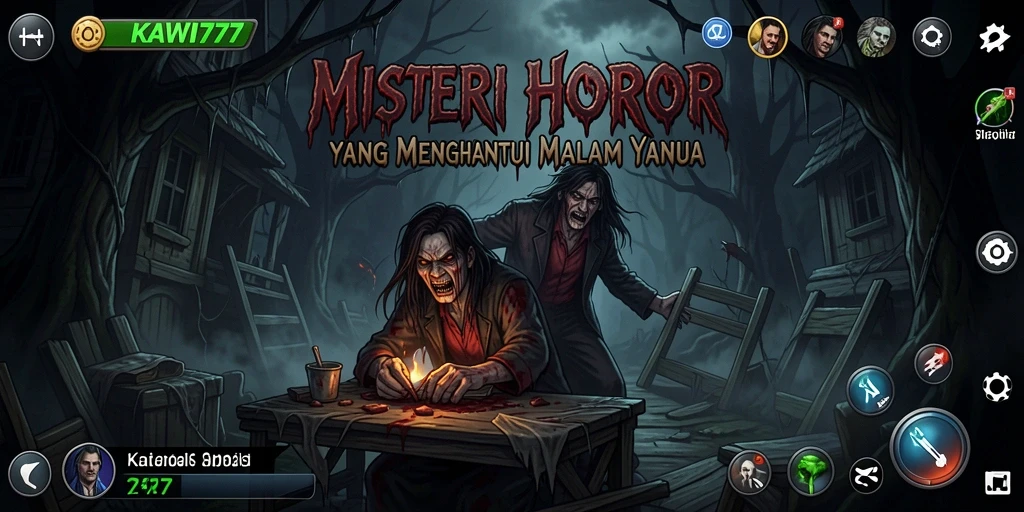 Tampilan gameplay menegangkan KAWI777 dengan suasana horor yang kental.