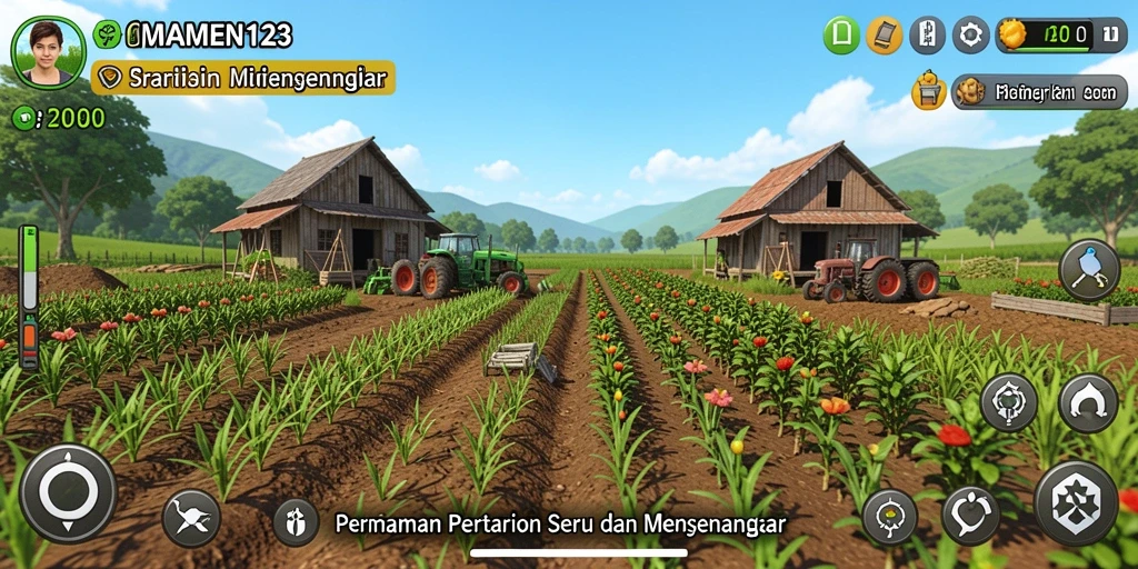 Tangkapan layar gameplay MAMEN123 menunjukkan aktivitas bercocok tanam yang seru.