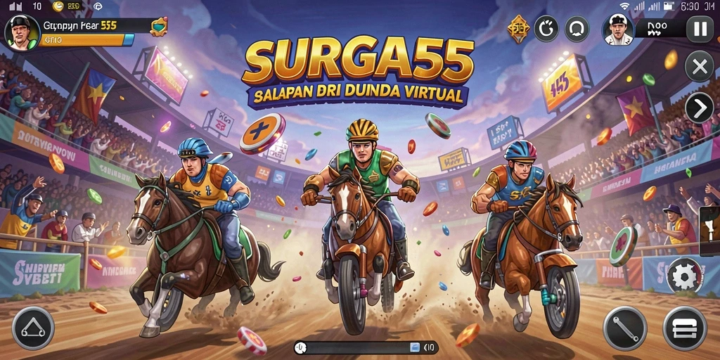 Gameplay SURGA55 menampilkan balapan yang mendebarkan dan mobil yang bertenaga.